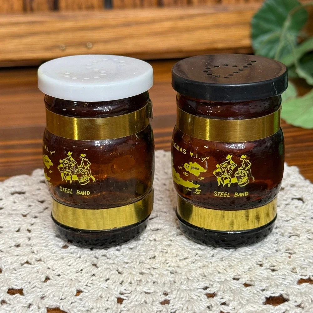 Vintage St Thomas VI Amber Glass Barrel Salt Pepper Shakers Set Brown Gold Small